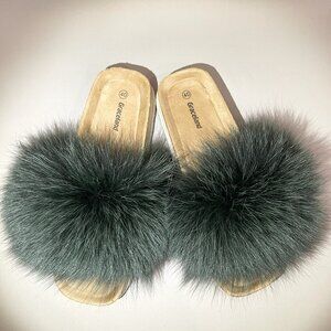 Real Green Fox Fur Slippers